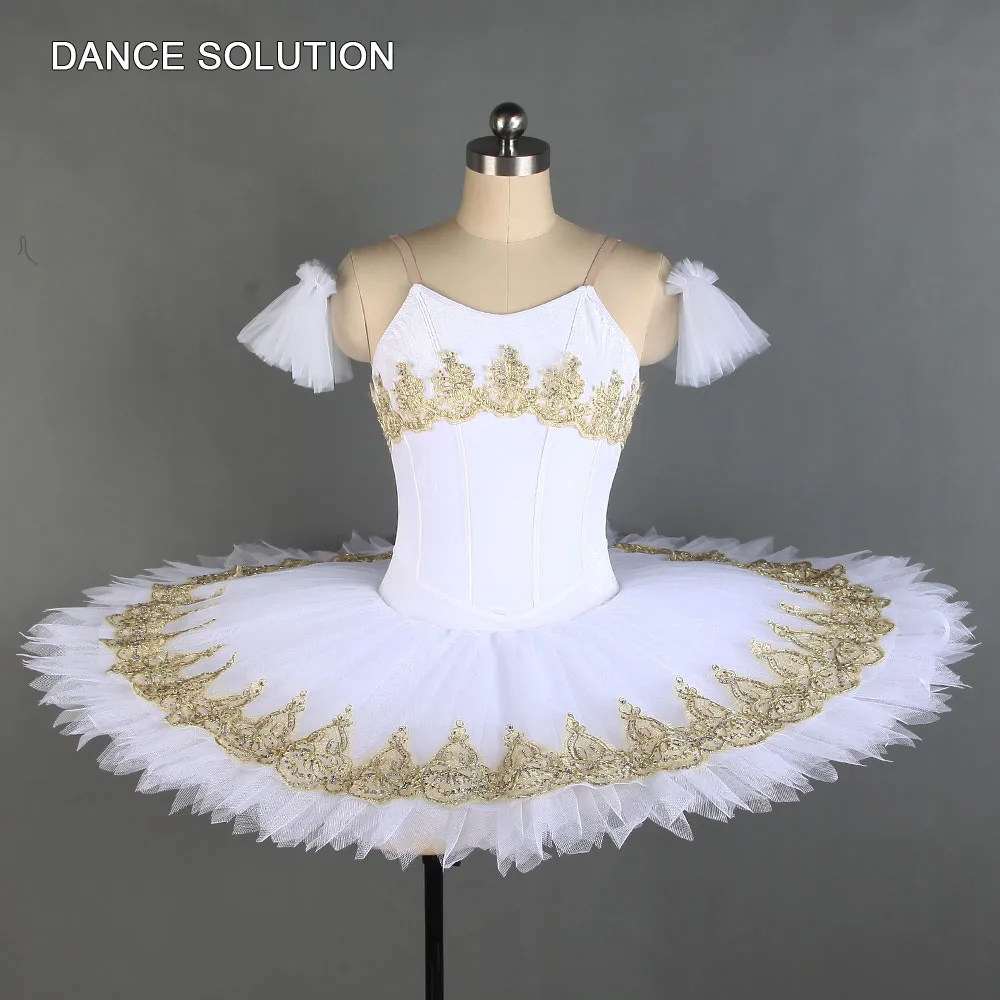 

White Ballet Dance Costume Velvet Bodice Pancake Tutu with Gold Applique Trims Ballerina Stage Performance Dance Dress BLL131