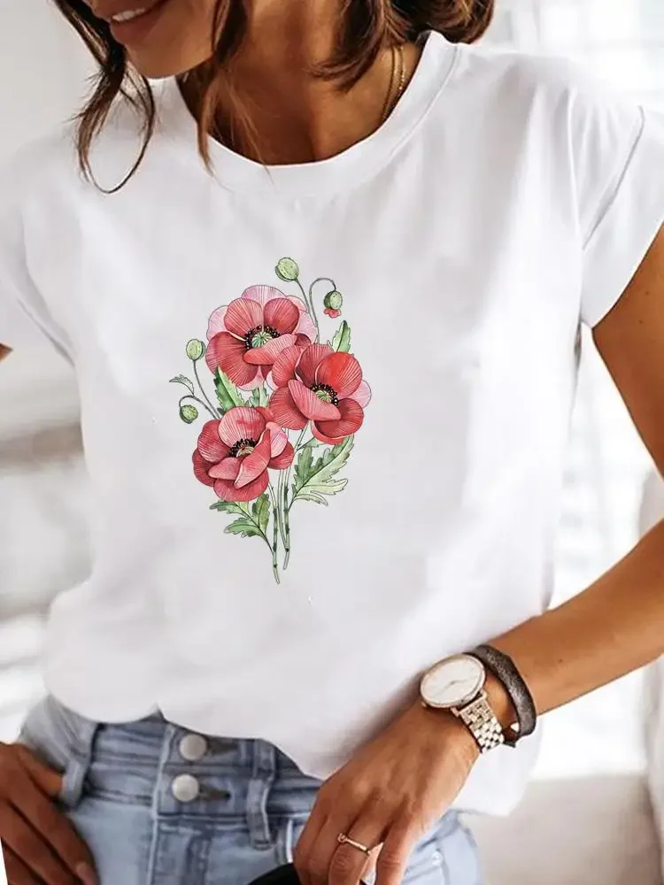 

Повседневная футболка с принтом, одежда с коротким рукавом, Женская милая трендовая одежда в стиле 90-х с цветочным принтом, женский топ, модная футболка с графическим рисунком