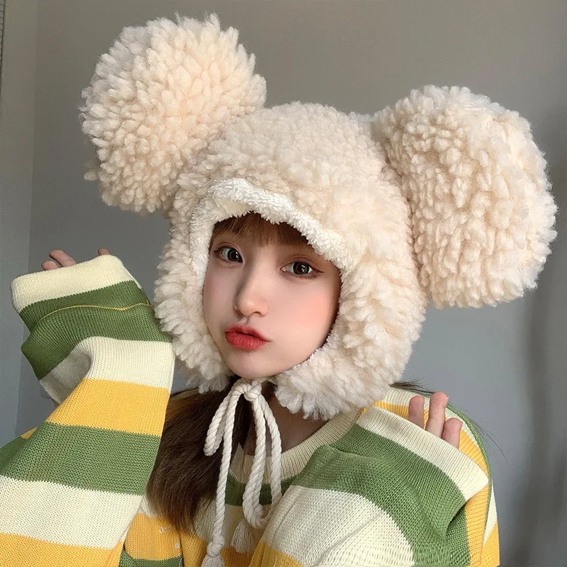 Big-ear Bear Cashmere Bomber Hats Women Fluffy Hat with Ears Autumn Winter Cute Pullover Earmuffs Warm Cap Bandage,winter hat,knitted earflap hat
