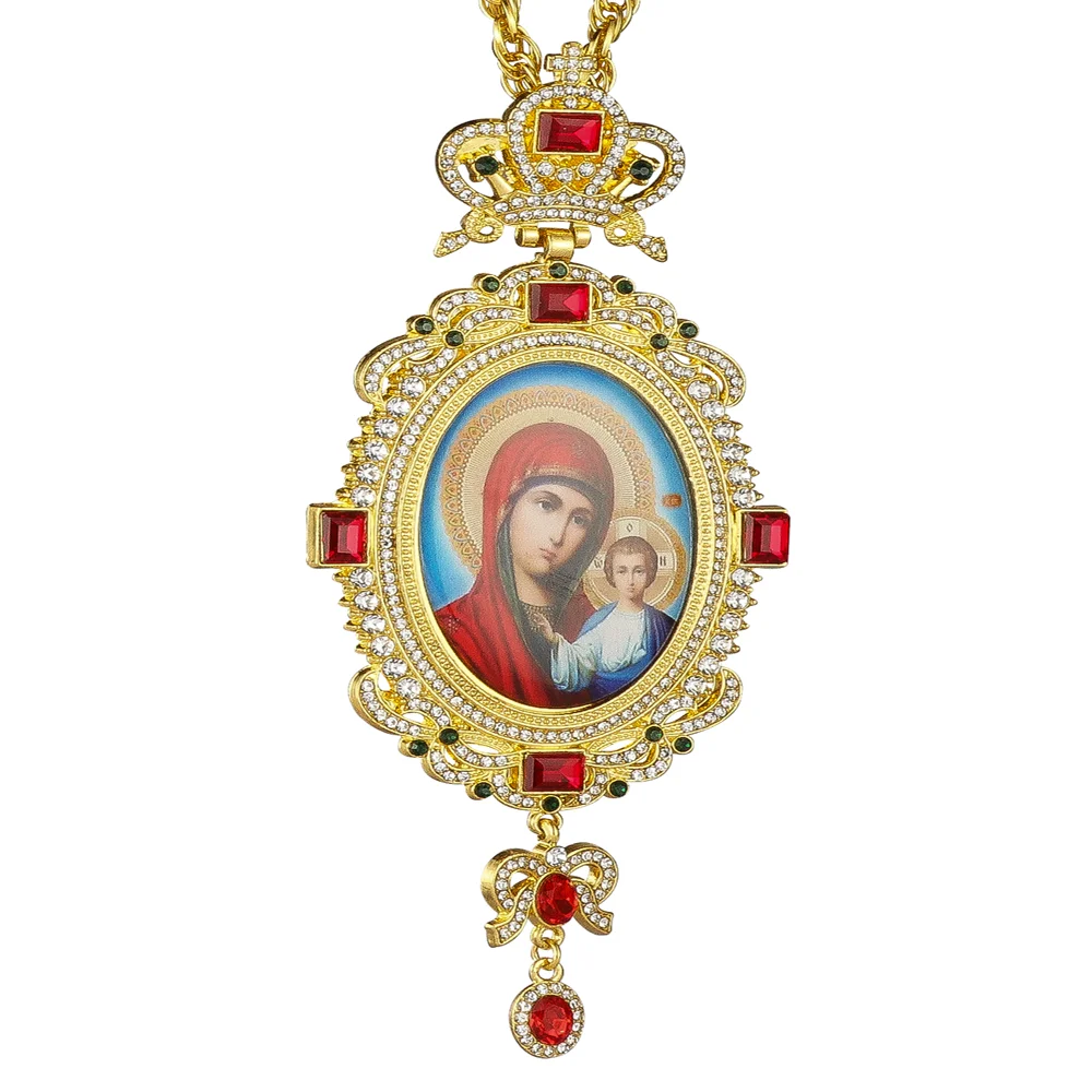 Diyalo Mode Elliptischer Brustanhänger Halskette mit Roten Strasssteinen 120cm Kette Christliche Kirchenbedarf – Detail 4