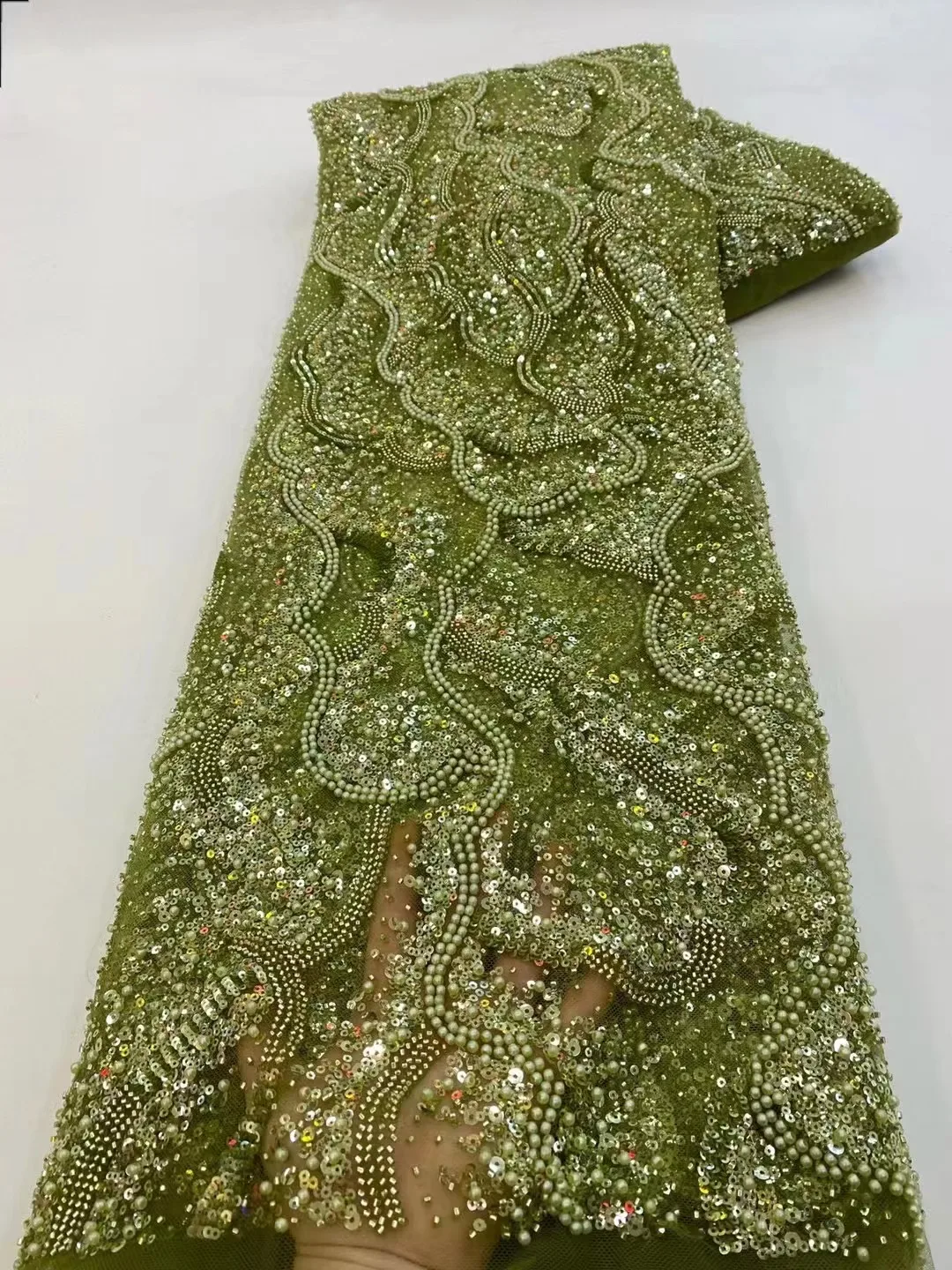 

2023 High Quality Crystal Sequin Beads Embroidery French Tulle Net Lace African Sequin Fabric Ladies Party Dress Wedding QF0764
