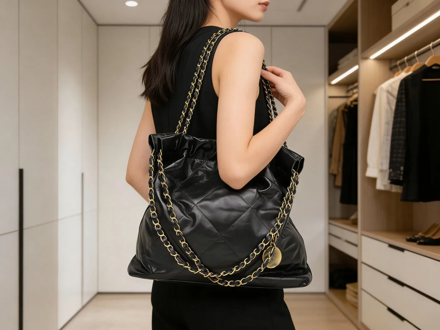 Black Oil-Wax Genuine Leather Hobo Bag - Double Chain Strap, Slouchy Crossbody Bag for Trendy Looks