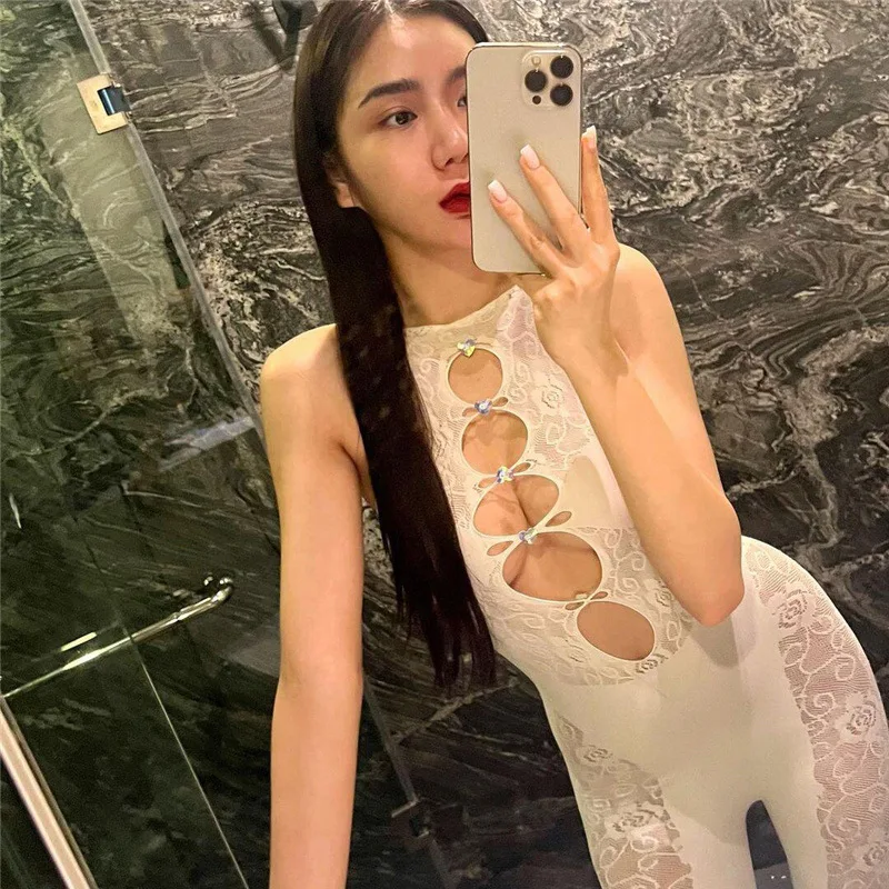 LW sexy jumpsuit See Through Lace Cut Out Jumpsuit Mesh Hollow Out Diamond Stocking Lingerie Women Sexy Body-shaping Romper