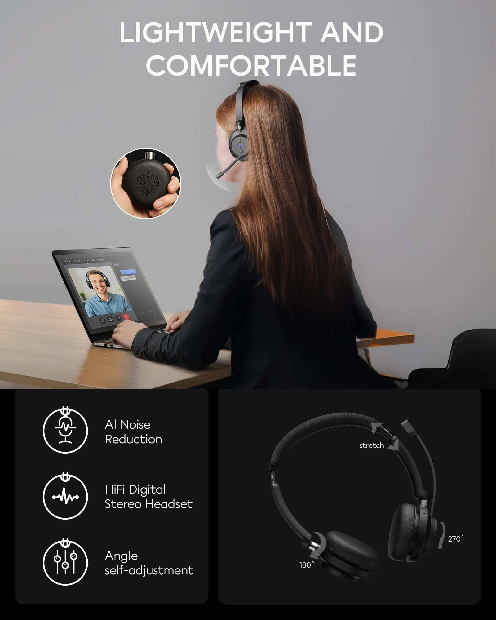 Rownfusny Wireless Bluetooth 5 3 Headset For Work Noise Reduction Mic Stereo Comfortable Design For Pc,laptop,call Center,home, Alina Gadgets