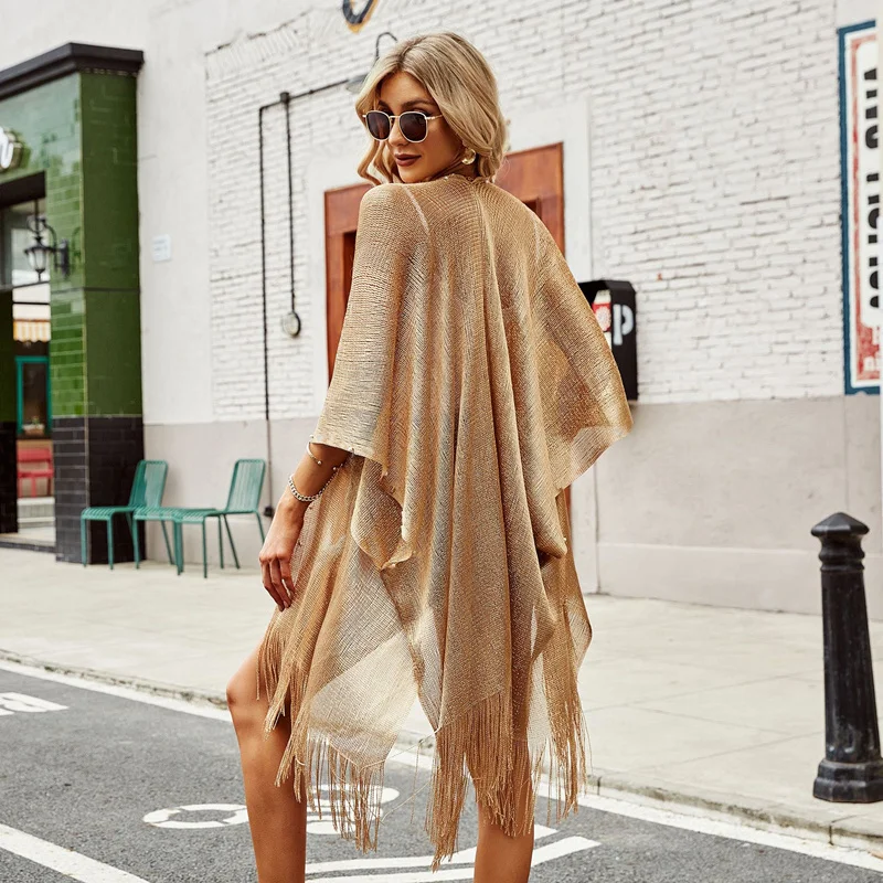 Swimsuit Cover Up Swimsuit Coverup Swimsuit Cover-ups Fashion Tassel Gold Bikini Beach Cover Up Sexy Beach Dress Tunics for Women Summer Wear See Through