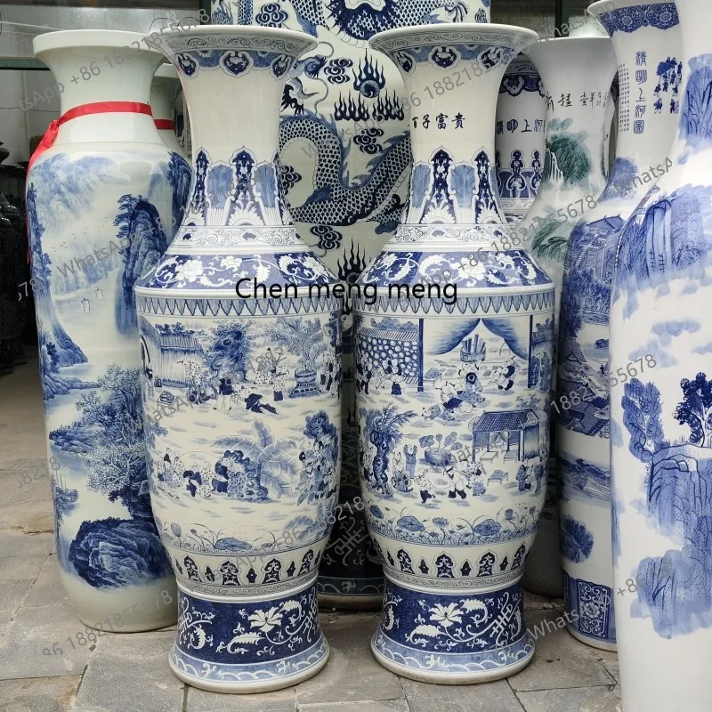 Ceramic floor standing large vase hand-painted blue and white landscape antique gold bell vase ornament - Image 4