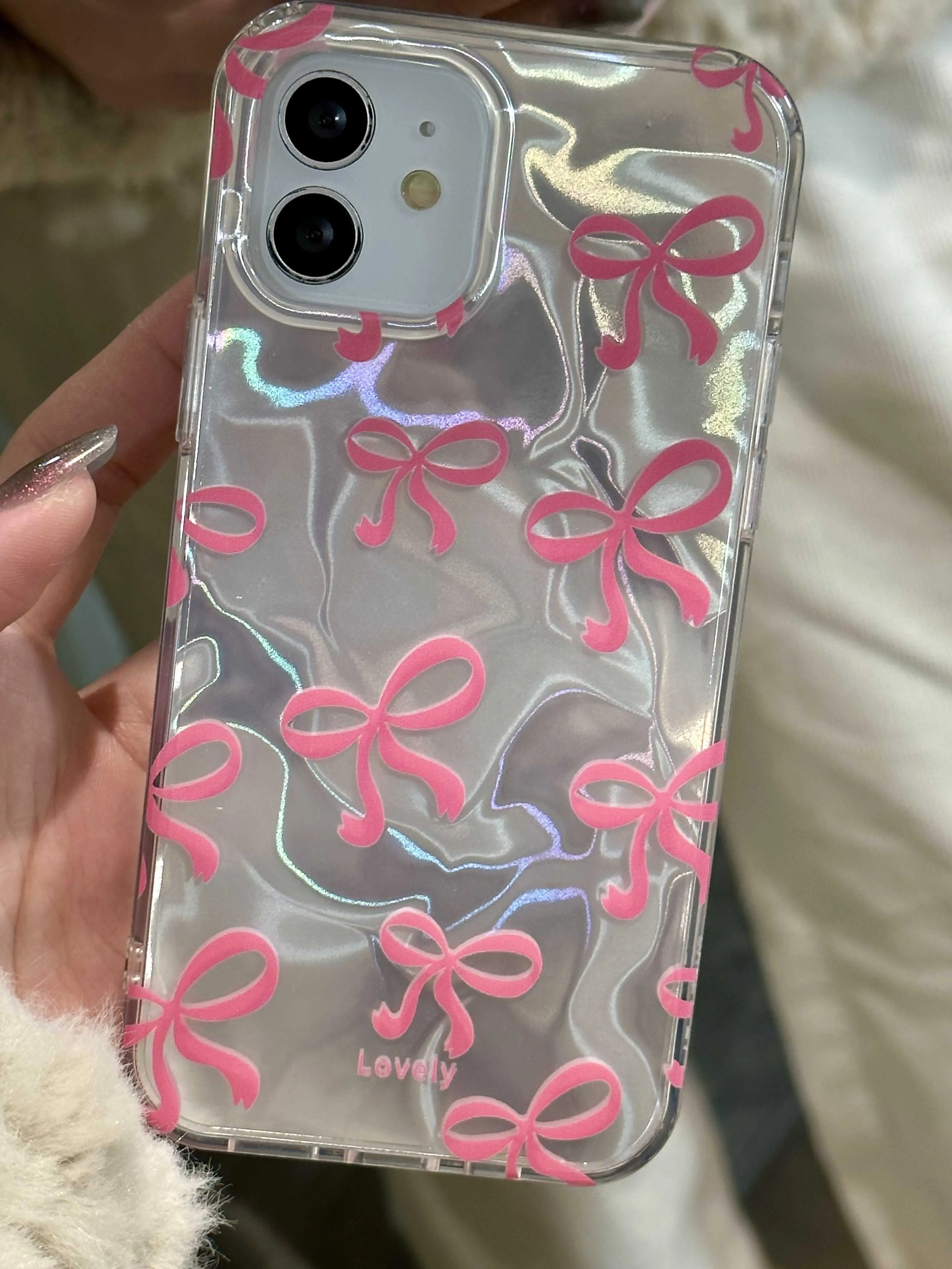 FLIRACON Coque IPhone 15 Plus – Silicone Souple En Forme De Cœur Argenté Avec Nœud Papillon
