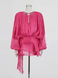 Elegant V - Neck Long Sleeve Lace - Up Mini Dress - Sweet Style Women's Fashion - XL (ROSE)