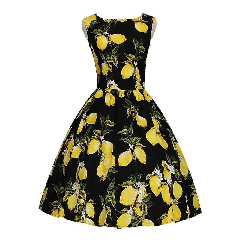 Lemon Print Vintage Cotton Dress Sleeveless Plus Size 4XL Women Pin Up Retro Dress Elegant Party Vestidos Ladies Summer Dresses 