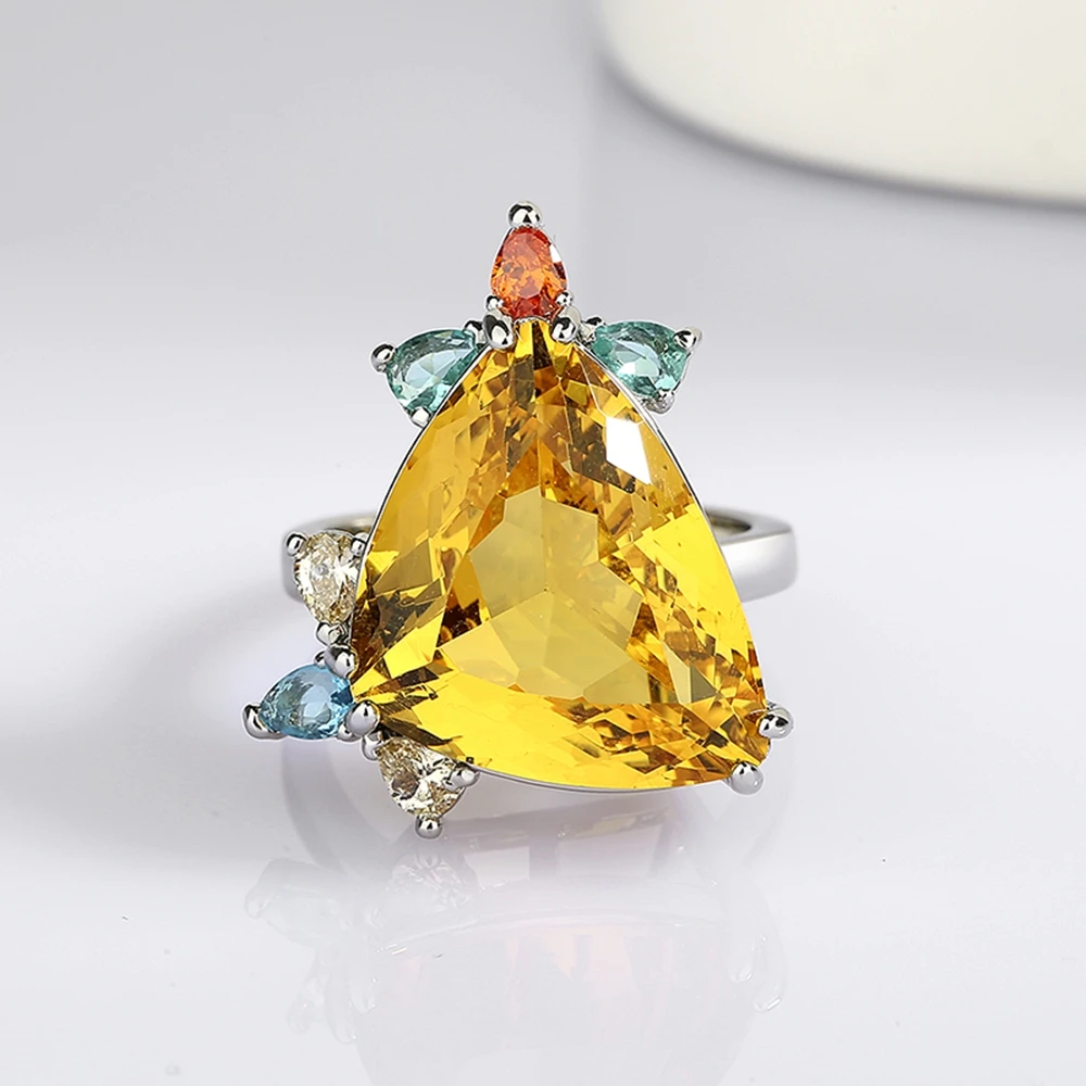 Trendy Ring Pave Big Triangle Yellow Cubic zircon Thick Silver Plating Brass Metal Pretty Fashion Jewelry For Women