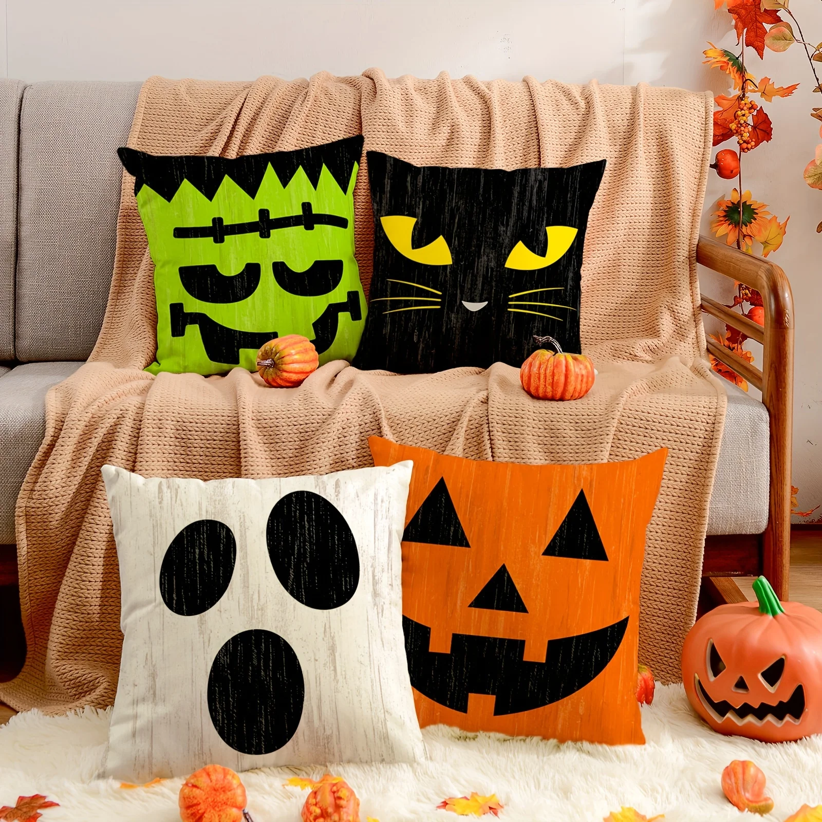thumbnail image 1 of Funda de almohada de Halloween para decoración del hogar, Cojín cuadrado para sofá, fiesta fantasma, no incluye núcleo de almohada, 4 piezas, 1 of 4