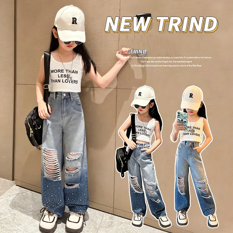 

summer teen girls clothes set white cotton vest+hole Denim wide leg pants 2pcs 4 -14 kids clothing suit Child Streetwear Outfits