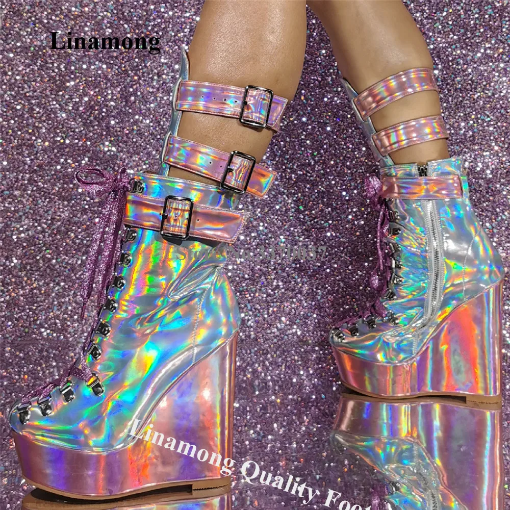 

Linamong Newest Hologram Iridescent Pink Wedge Boots Round Toe Lace-up Straps Buckles High Platform Wedge Mid-calf Boots