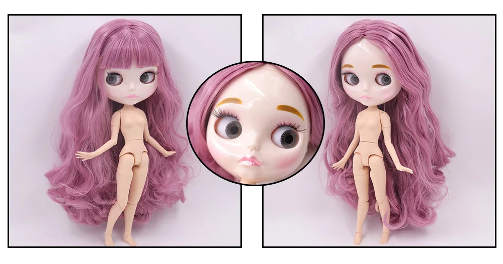 Neo Blythe lėlė purpuriniais plaukais, balta oda, blizgiu išpūstu veidu ir pagal užsakymą sujungtu kūnu 1
