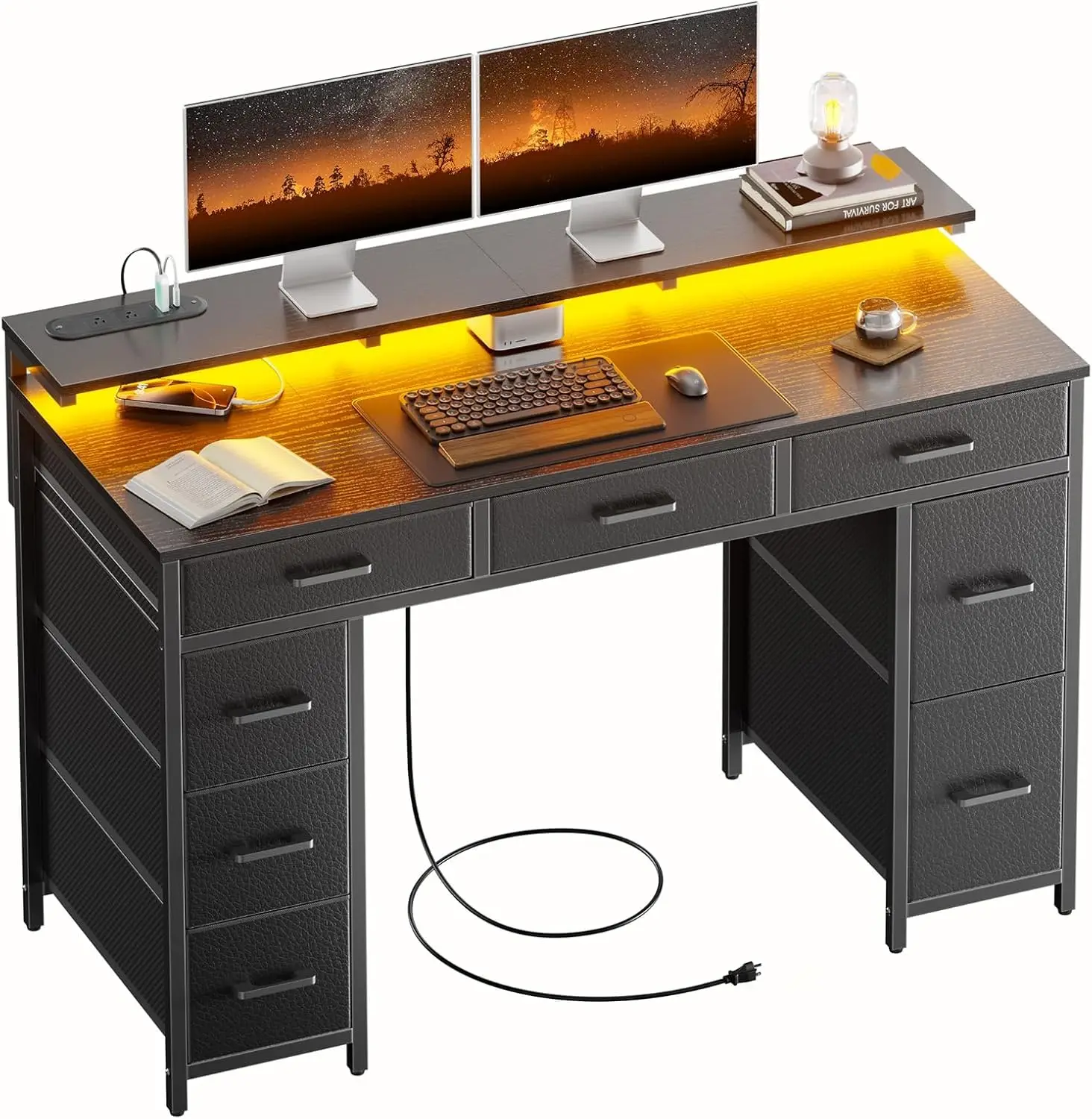 47 Inch Computer Desk With 8 Storage Drawers, Gaming Desk With LED ...