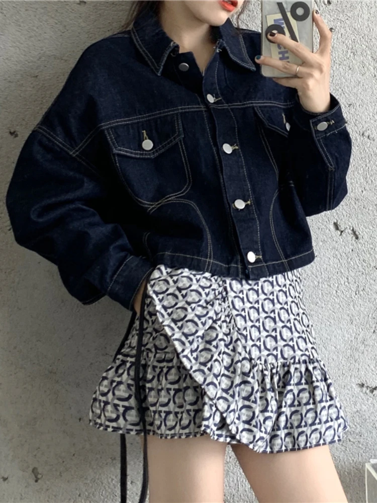 

High Street Vintage Jean Jacket Women Korean Fashion Loose Button Up Cropped Denim Jackets Female Spring Autumn New