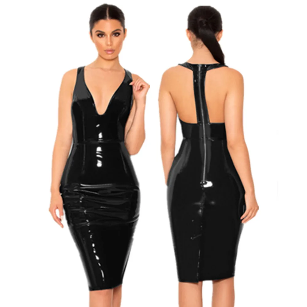 

Платье-миди из искусственной кожи с V-образным вырезом и открытой спиной