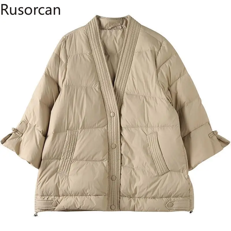 

2023 New 90 White Duck Down Loose Fitting Artistic Long Sleeved Lightweight Down Jacket Winter Clothing Product V-neck Warm Coat