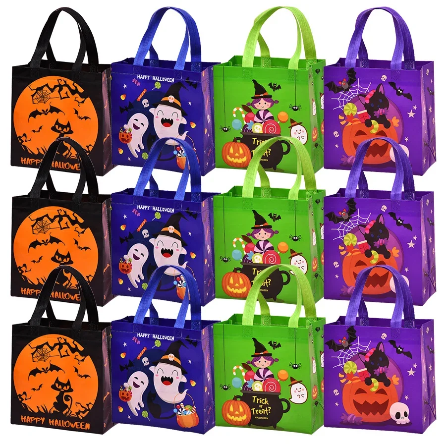 4pcs Halloween Theme Non-woven Cloth Gift Shopping Bag with Handle Reusable Pumpkin Bat Creative Trick or Treat Goodie Bags 3