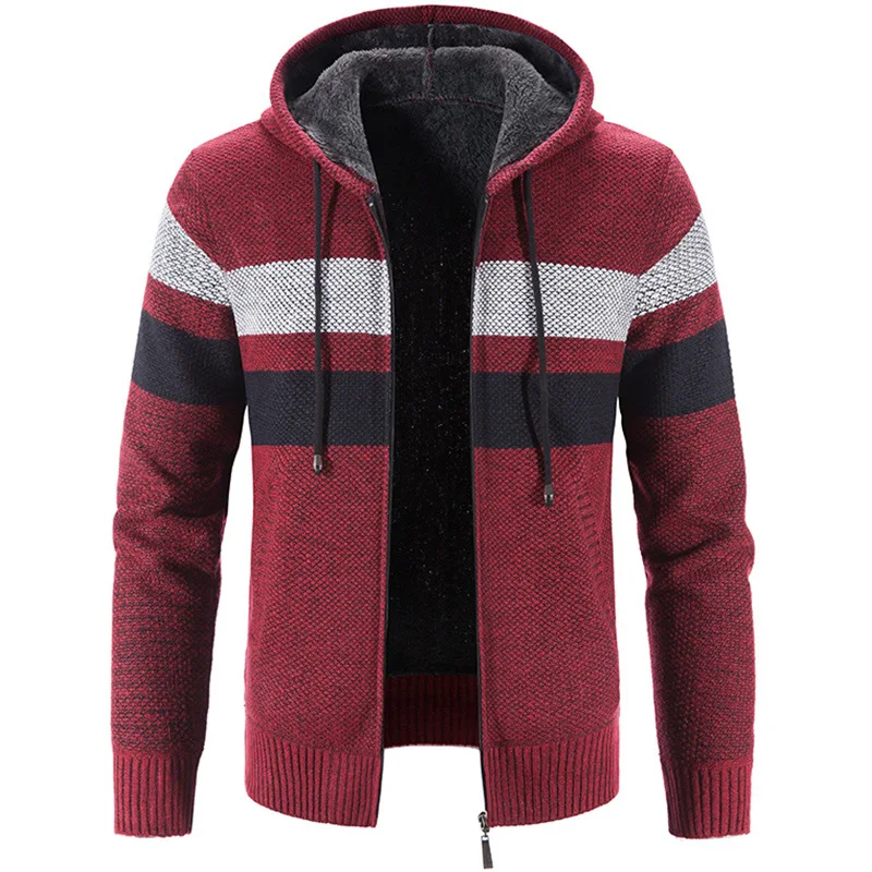 2023 Autumn Winter New Men's Velvet Thickened Hooded Knitwear Cardigan Striped Loose Sweater Casual Fashion Coat Solid Color Top