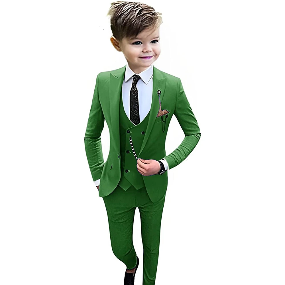 Solid Boy Wedding Suit Kid's Single Breasted Suits Blazer Vest Pants Peak Lapel Elegant Outfit Tuxedo Set 2 to 18 Years Old