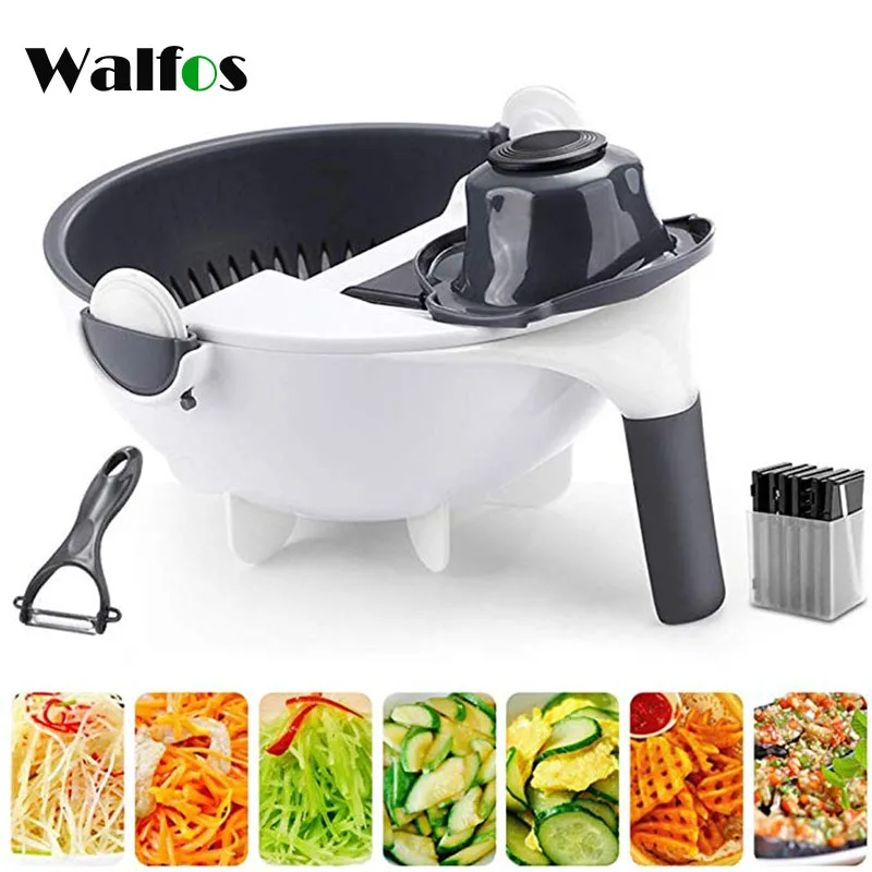 WALFOS Magic Multifunctional Rotate Vegetable Cutter With Drain Basket Kitchen Veggie Fruit Shredder Grater Slicer