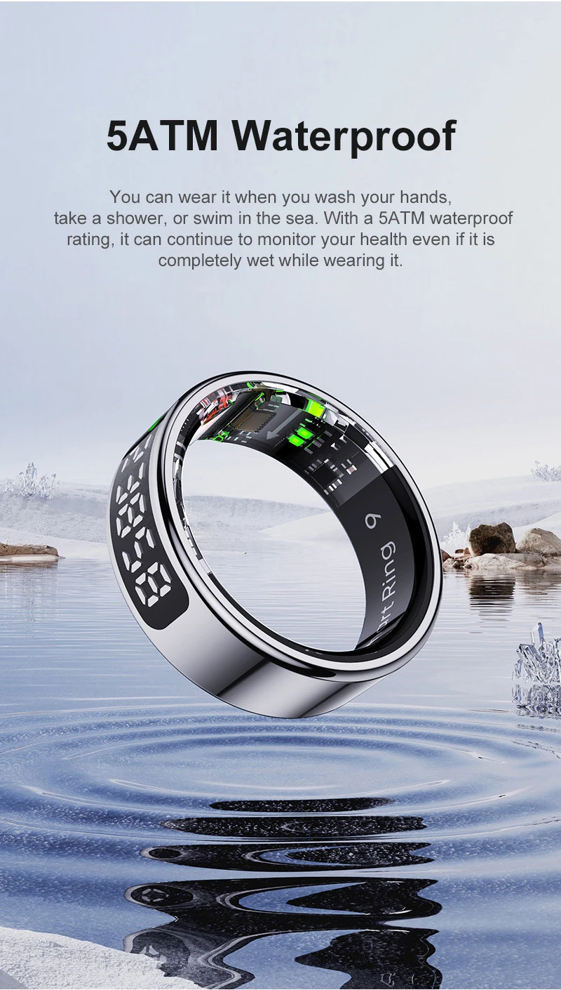 R12 Smart Ring Touch Screen Health Manager Heart Rate/Blood Oxygen Monitor Wireless Charging Waterproof for Universal