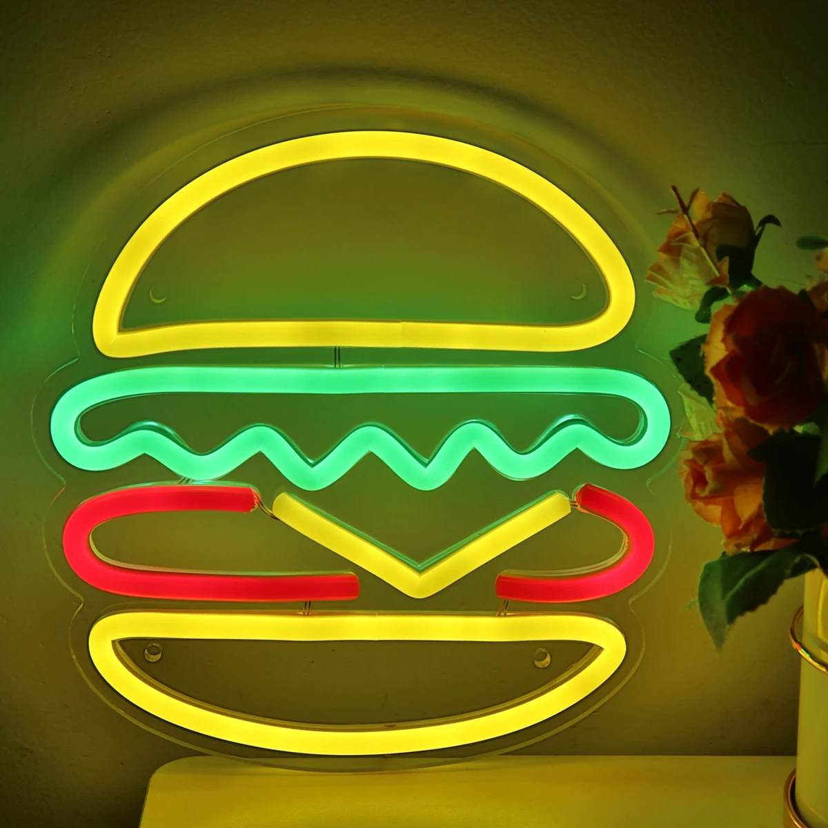 1PC Hamburger Wall LED Neon Sign Light For Room Shop Party Hamburger Shop Restaurant Kitchen Decoration 7.48''*7.72''