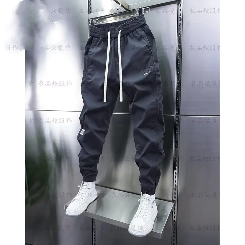 Spring Autumn Solid Color Fashion Elastic Waist Haren Pants Man Korean Style High Street Pockets Patchwork Drawstring Trousers