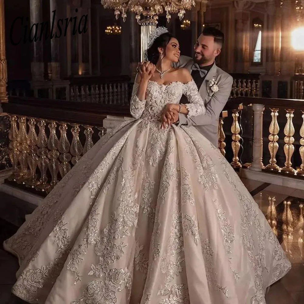 

Princess Floral Embroidery Dubai Wedding Dress Ball Gown Off The Shoulder Three Quarter Sleeve Sequined Saudi Arabic Bridal Gown