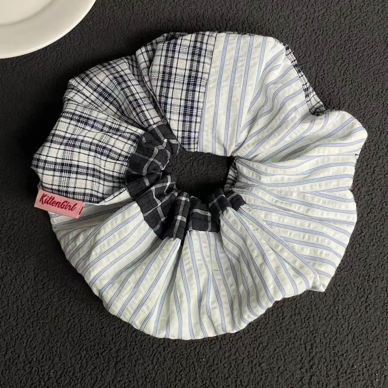 1PC Plaid And Striped Mixed Hair Scrunchie, Retro Fashion Hair Accessory For Women