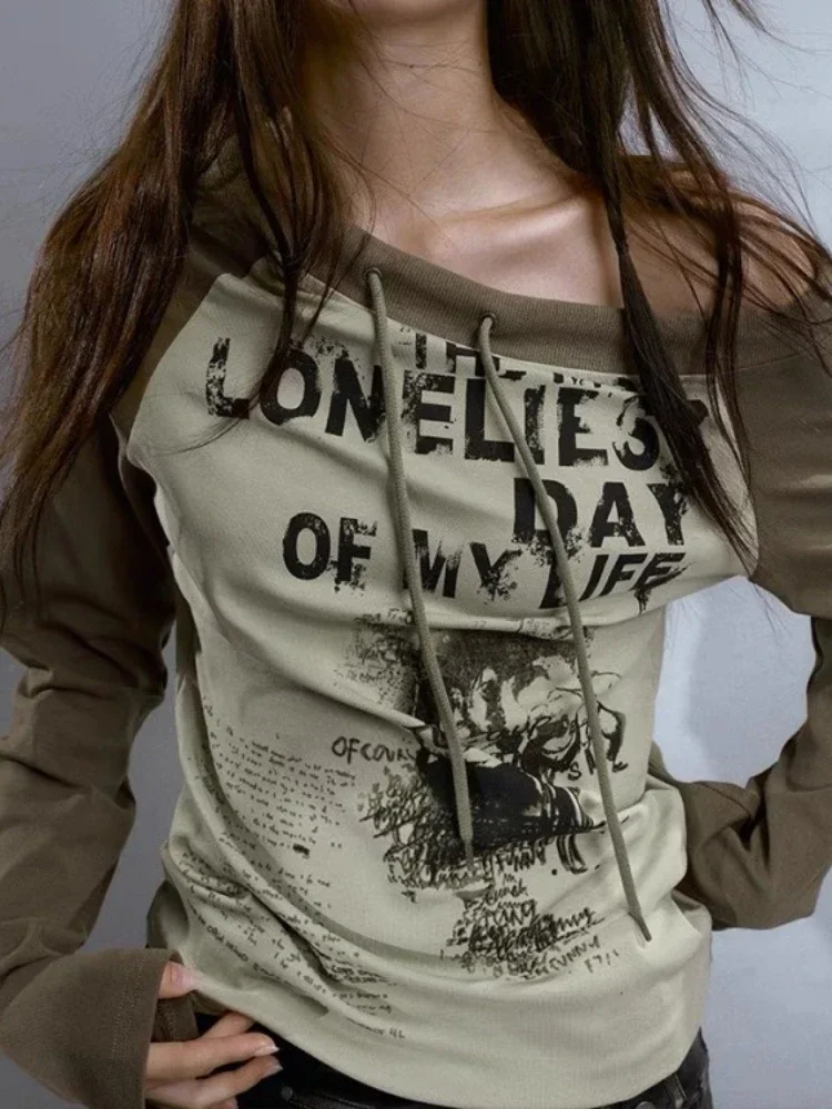 

Vintage Streetwear Harajuku Letter Print Tees Women Y2k Grunge Long Sleeve T-shirt Contrast Color Patchwork Off Shoulder Tshirts