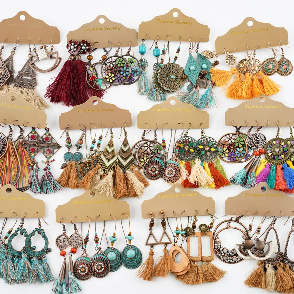 

20Pairs/Lot Bohemian Ethnic Big Round Multicolor Tassel Pendants Earrings for Women Vintage Dangle Jewelry Accessories