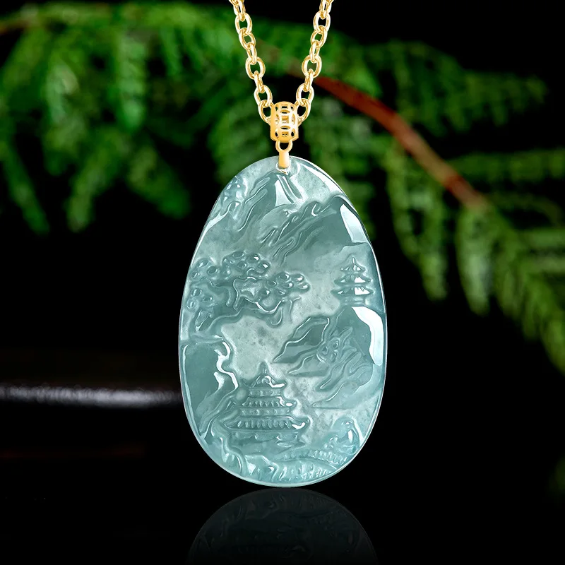18K Gold Inlaid Natural Jadeite Hand-made Engraving Blue Water Landscape Brand Pendant Fashion Couple Necklace Fine Jewelry Gift