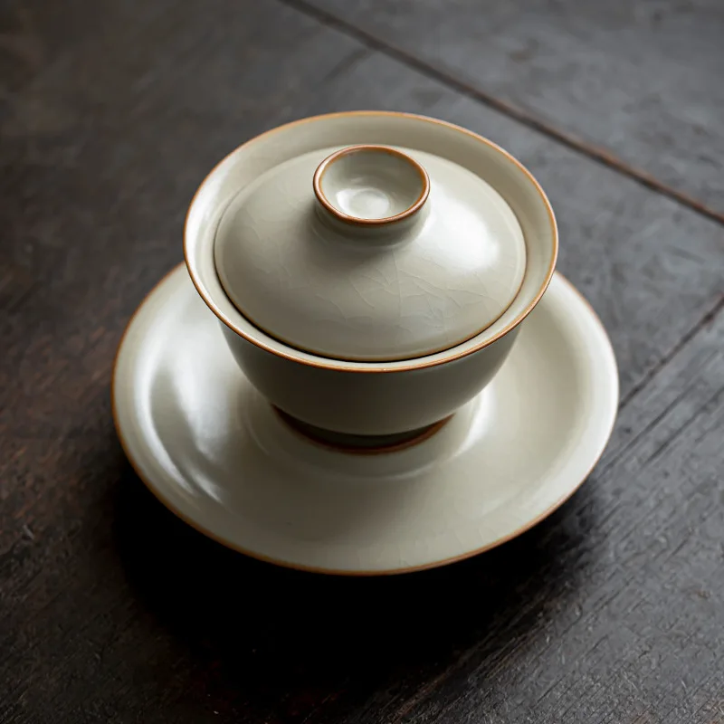 Beige Ru Kiln Three Cover Bowl Retro Open Piece Large Tea Infuser Household Ceramic Kung Fu Tea Set Bowl