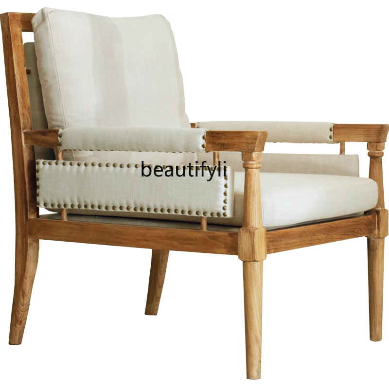 

American Country Wingback Chair Old Elm Sofa Minimalist Creative Leisure Single Armrest Solid Wood Nordic living room furniture