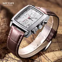 Megir cadran rectangulaire bracelet en cuir Montre pour hommes décontracté bleu chronographe montres à Quartz homme Montre-bracelet Montre Reloj Часы М � 3