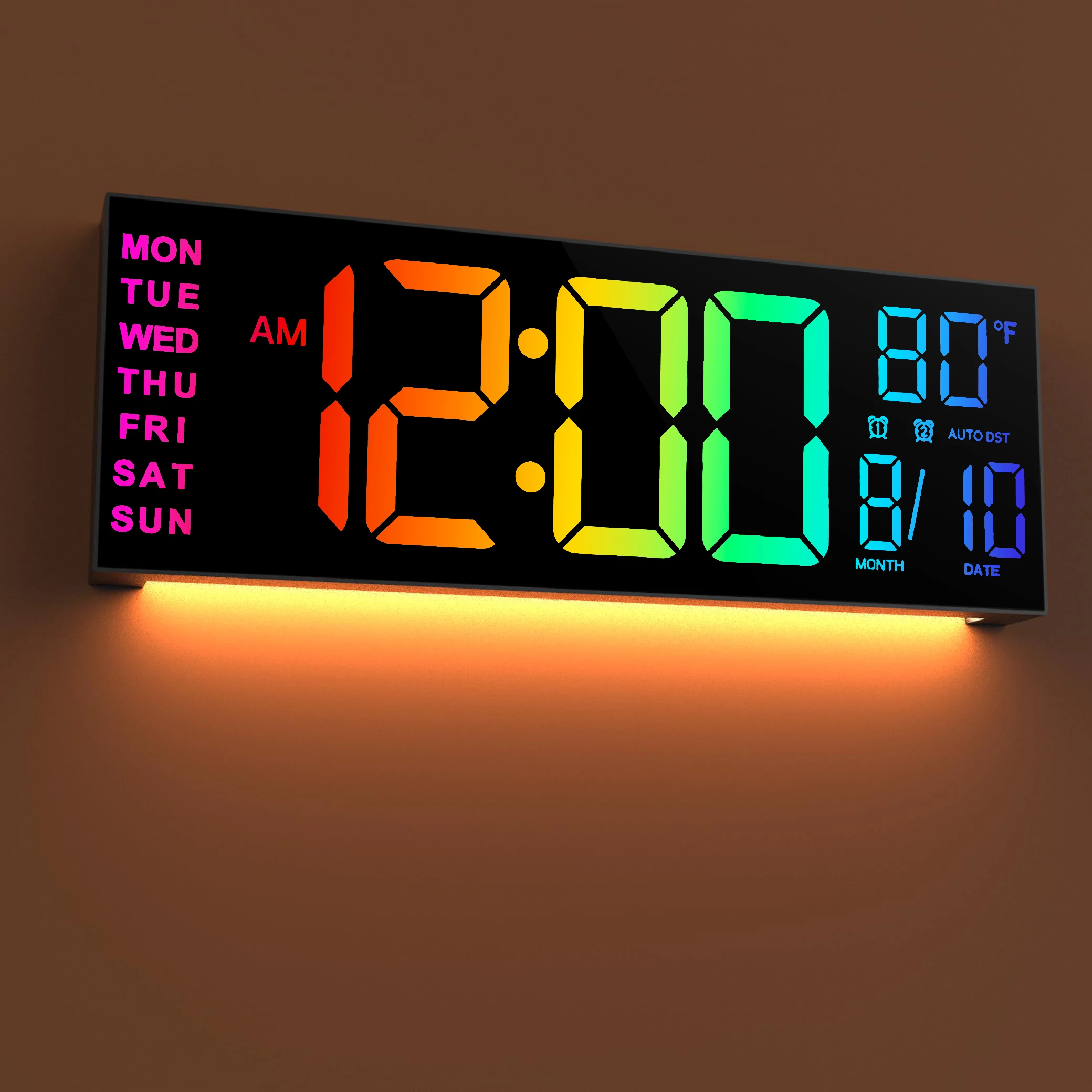 Large Digital Wall Clock with Remote, 16" LED Display, 8 RGB Color, Alarm, DST, Temperature