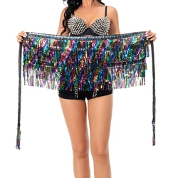 Sexy Women Belly Dance Hip Tutu Skirt Scarf Wrap Belt Glitter Sequins Tassel Hip Scarf Skirt Halloween Dance Performance Costume
