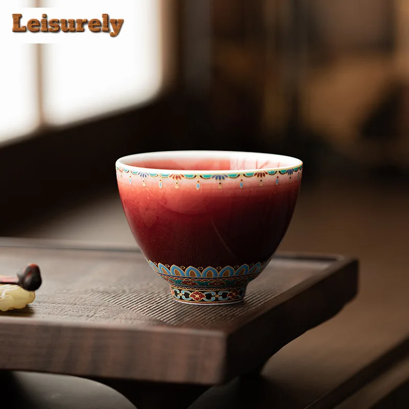 120ml Lang Red Glaze Dunhuang Treasure Flower Teacup Antique Tea Bowl Set Of Cups Tea-tasting Personal Cup Jianzhan Master Cups