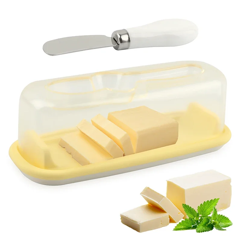 Butter Dish with Lid and Knife, Square Cheese Storage Box, Butter Keeper, Container Holds for Countertop, Tray