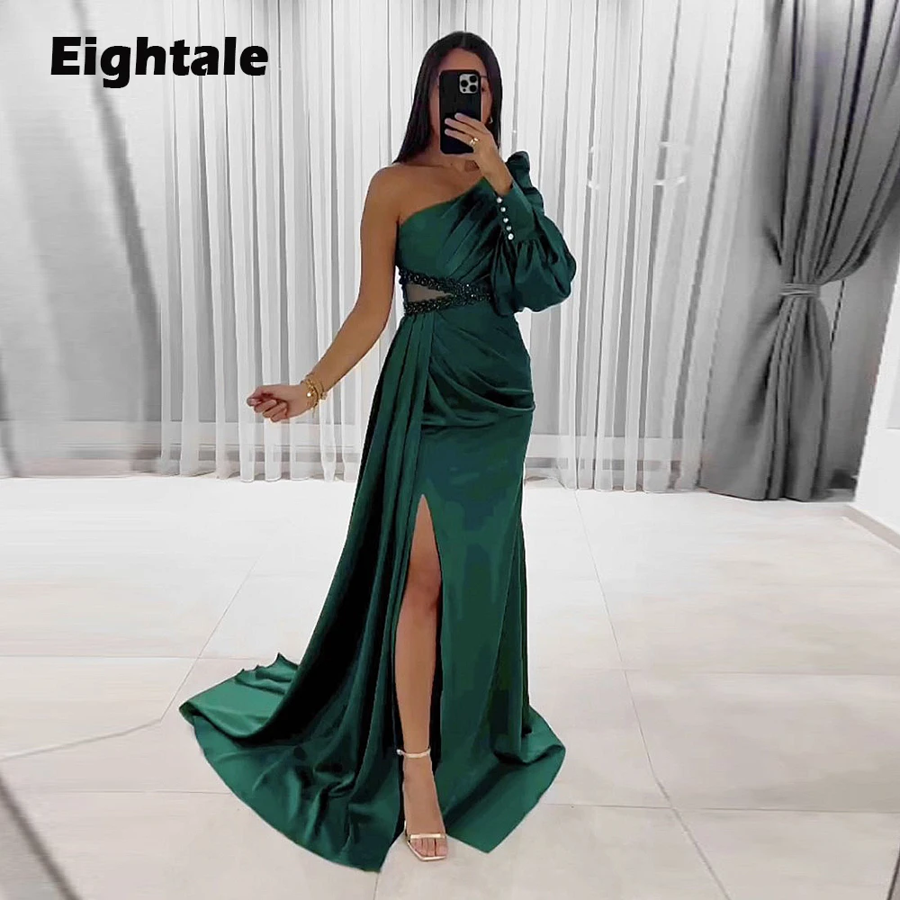

Eightale Emerald Green Evening Dresses Beaded Satin Prom Gown One Shoulder Slit Mermaid Formal Arabic Party Dress for Wedding