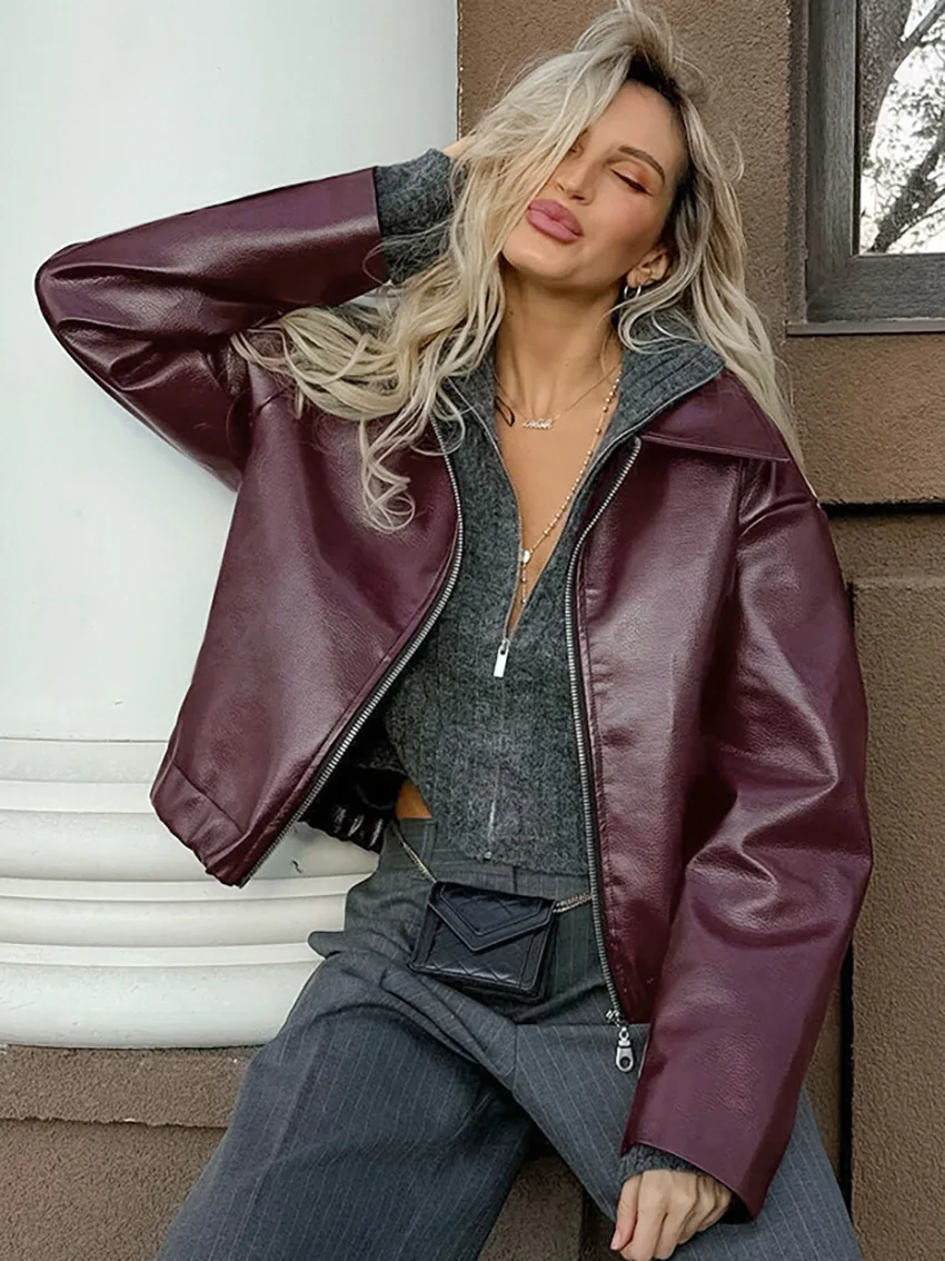 Angola Red Jacket Leather Motorcycle Street Fashion 2024 Autumn and Winter New Top Women's Elegant Coat