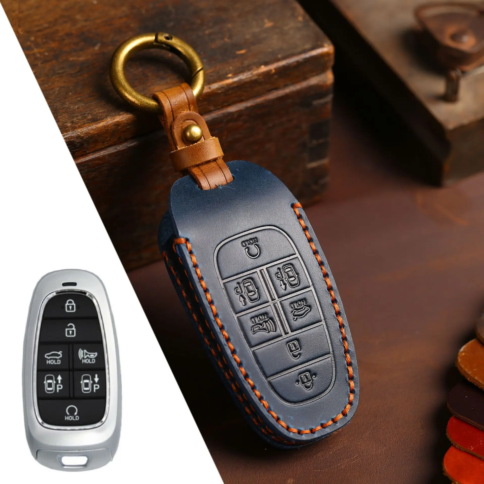 Leather Car Smart Key Case Cover for Hyundai Santa Fe Tucson 2022 NEXO NX4 Atos Solaris Prime