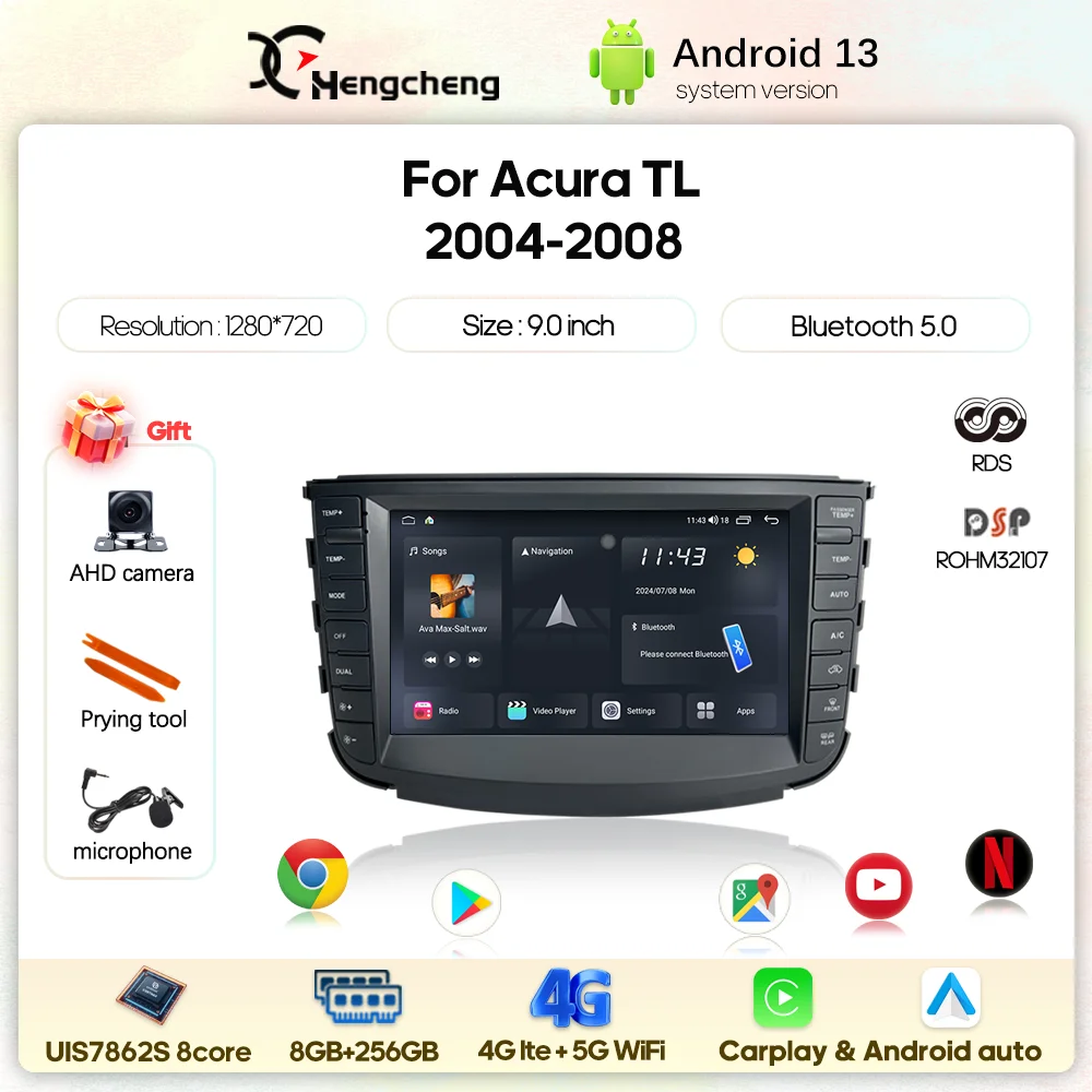 9.0inch Car Radio Multimedia Video Player for Acura TL 2004-2008 GPS Navigation Android13 Carplay Auto 4G wifi 360Camera Car CD