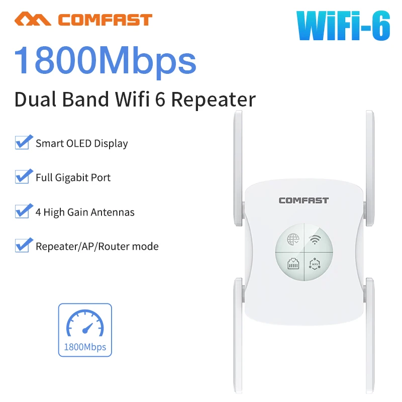

AX1800 WiFi 6 Range Extender Repeater 1.8Gbps Internet Gigabit Dual-Band Signal Repetidor 4 Antenna OLED Wi fi Amplifer Potente