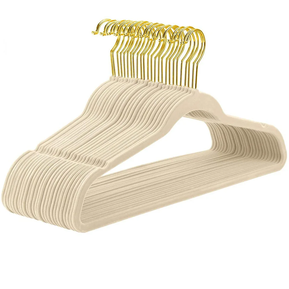 

45CM traceless flocking gold hook hanger, plastic non-slip hanger, household dry and wet wardrobe storage adult magic hanger.