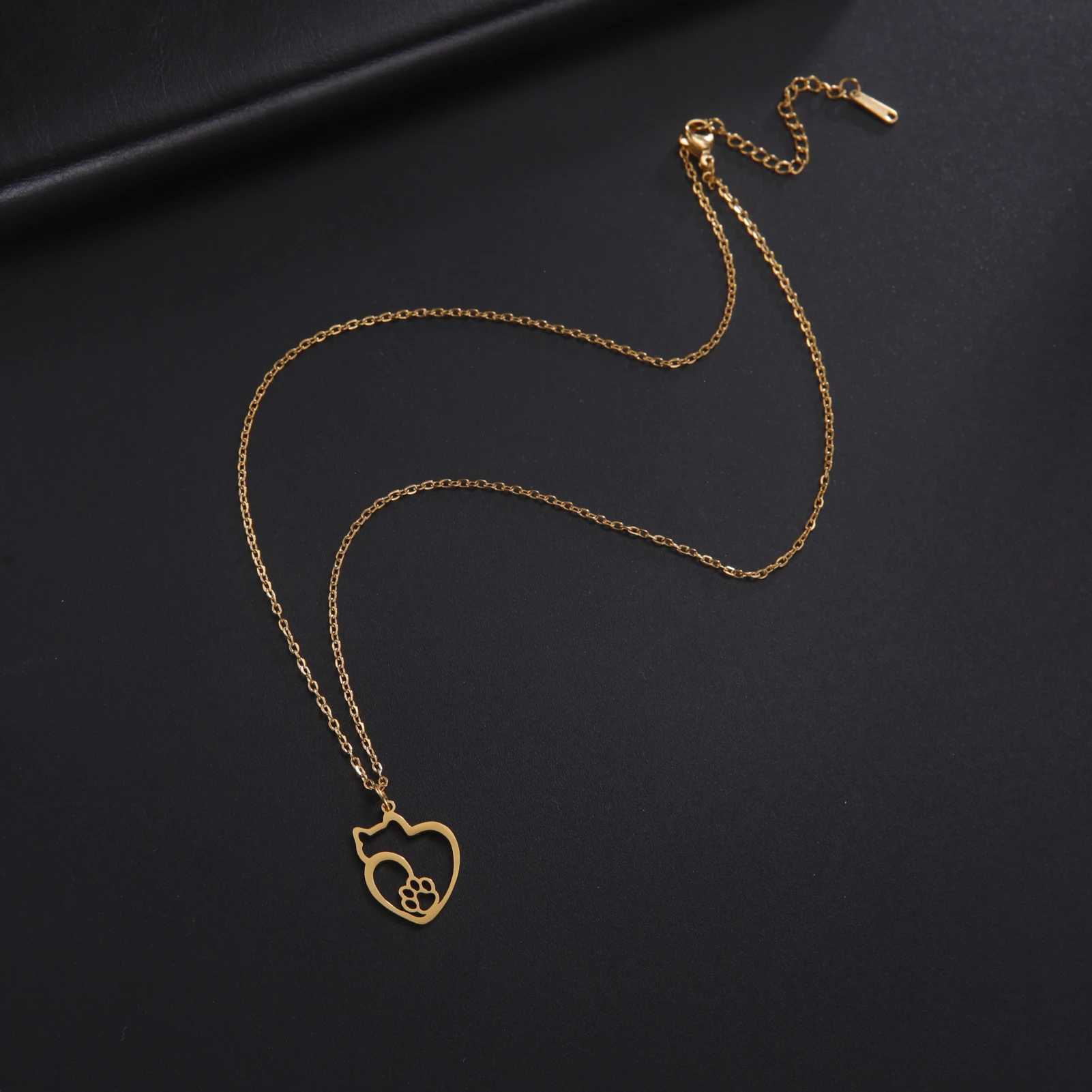 Cat Kitten Heart Paw Pendant Necklaces for Women Animal Jewelry Stainless Steel Neck Chain Necklace - PeticaDeals