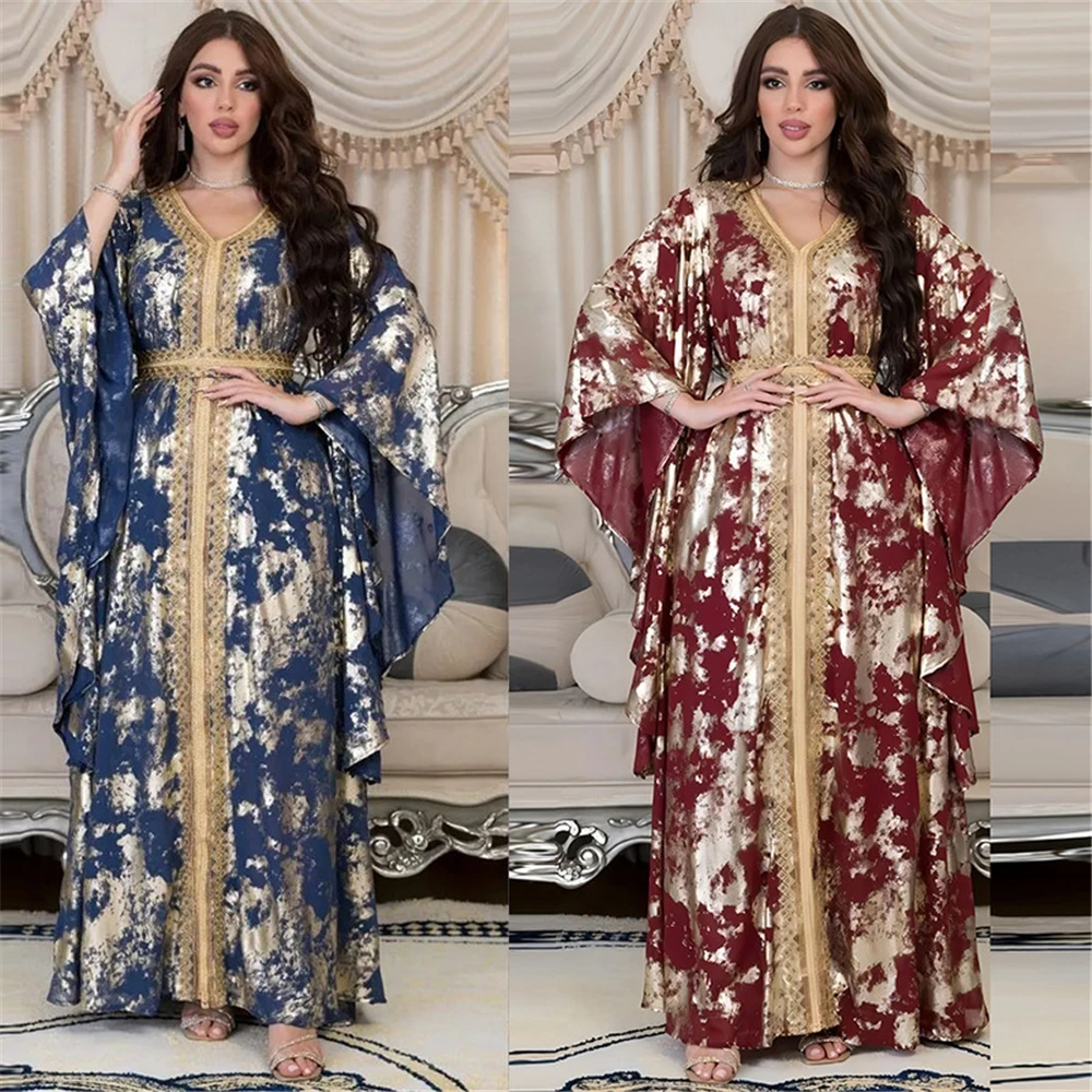 

Floral Embroidery Guipure Lace Panel Belted Dress Moroccan Caftan Woman Luxury Gold Stamping Abaya Turkey Muslim Abaya Dress