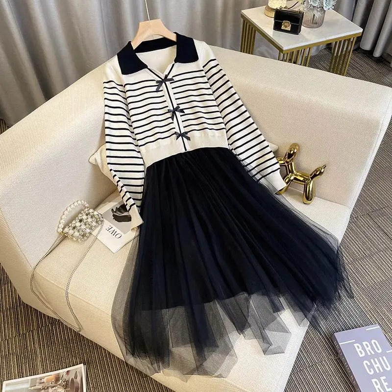 

Женское трикотажное платье-поло, Элегантное Длинное Сетчатое платье в стиле пэчворк, черное, абрикосовое, красное, в полоску, большие размеры 4XL, весна-осень